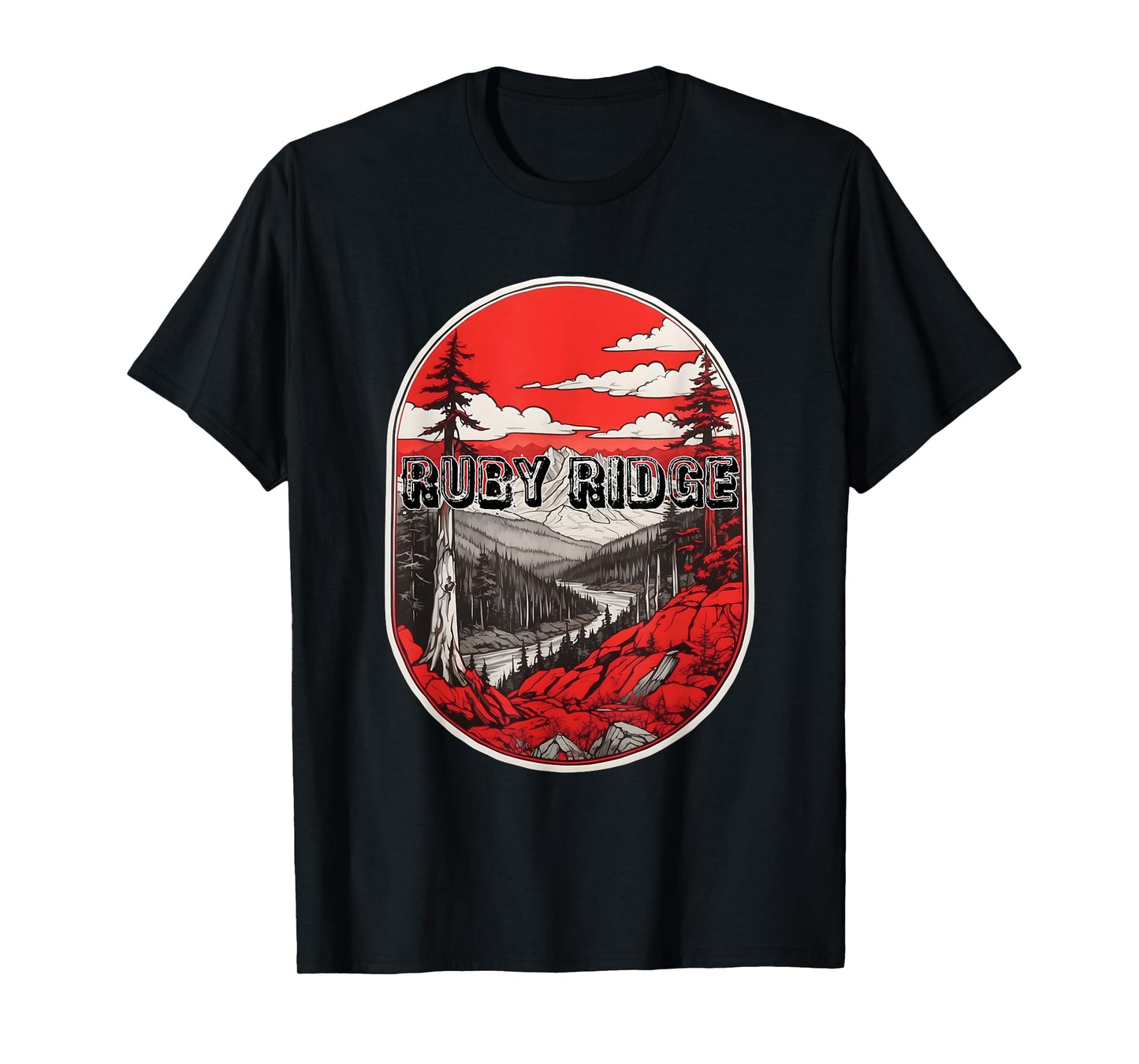 Ruby Ridge Landscape – Bold Black, White & Red Idaho Art T-Shirt