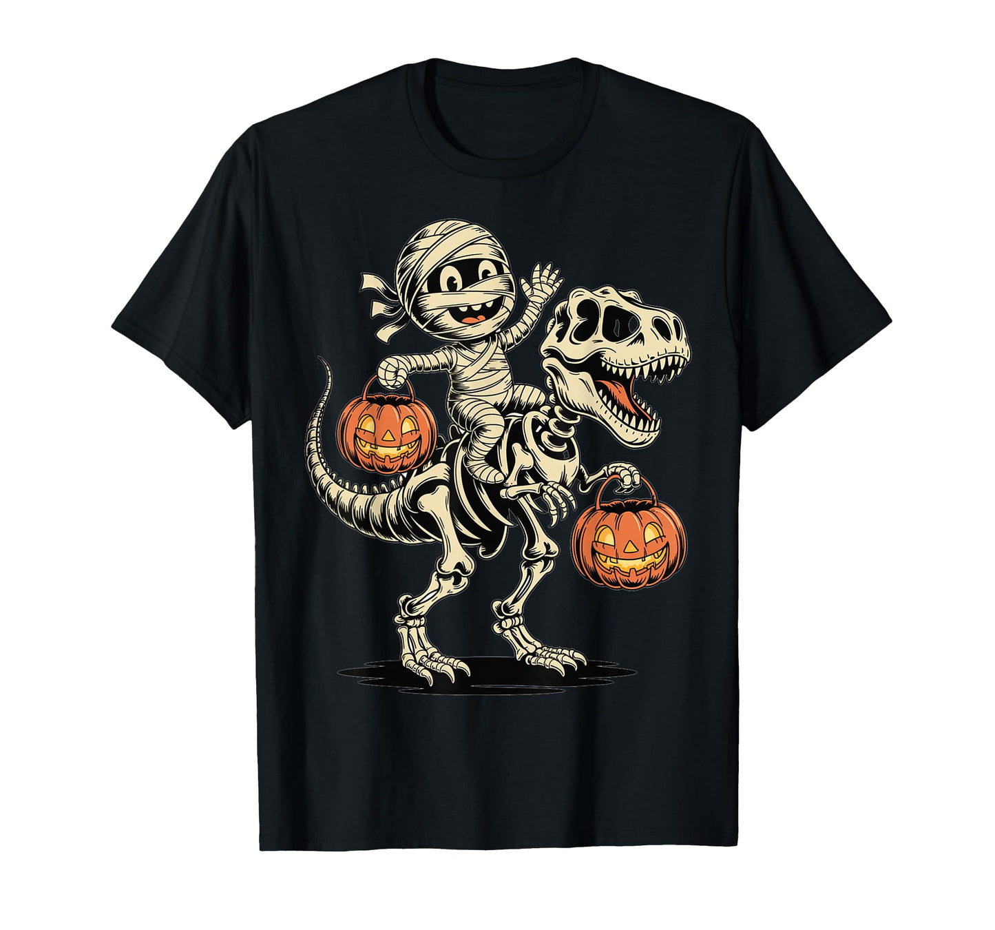 Mummy Skeleton Riding Dinosaur T Rex Kids Boys Men Halloween T-Shirt