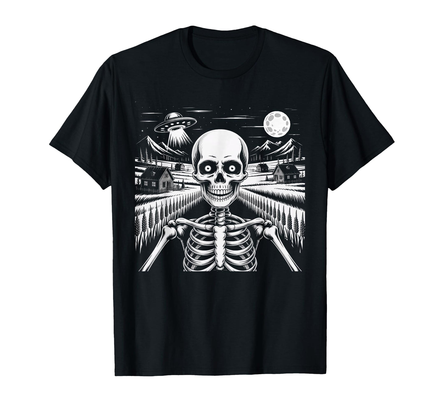 Spooky Skeleton Selfie with Spaceship Alien UFO Halloween T-Shirt