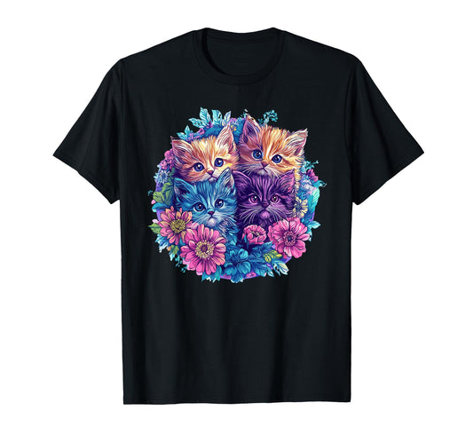 Cute Cats Surrounded By Vibrant Flowers T-Shirt