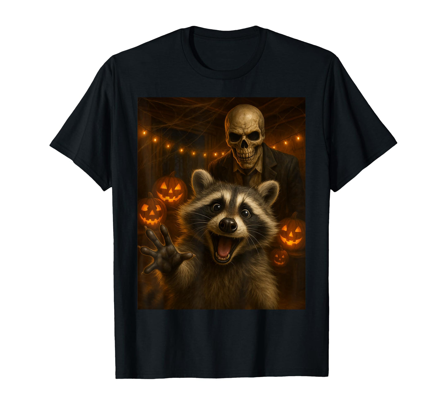 Happy Raccoon Selfie with Skeleton Funny Halloween Outfit T-Shirt