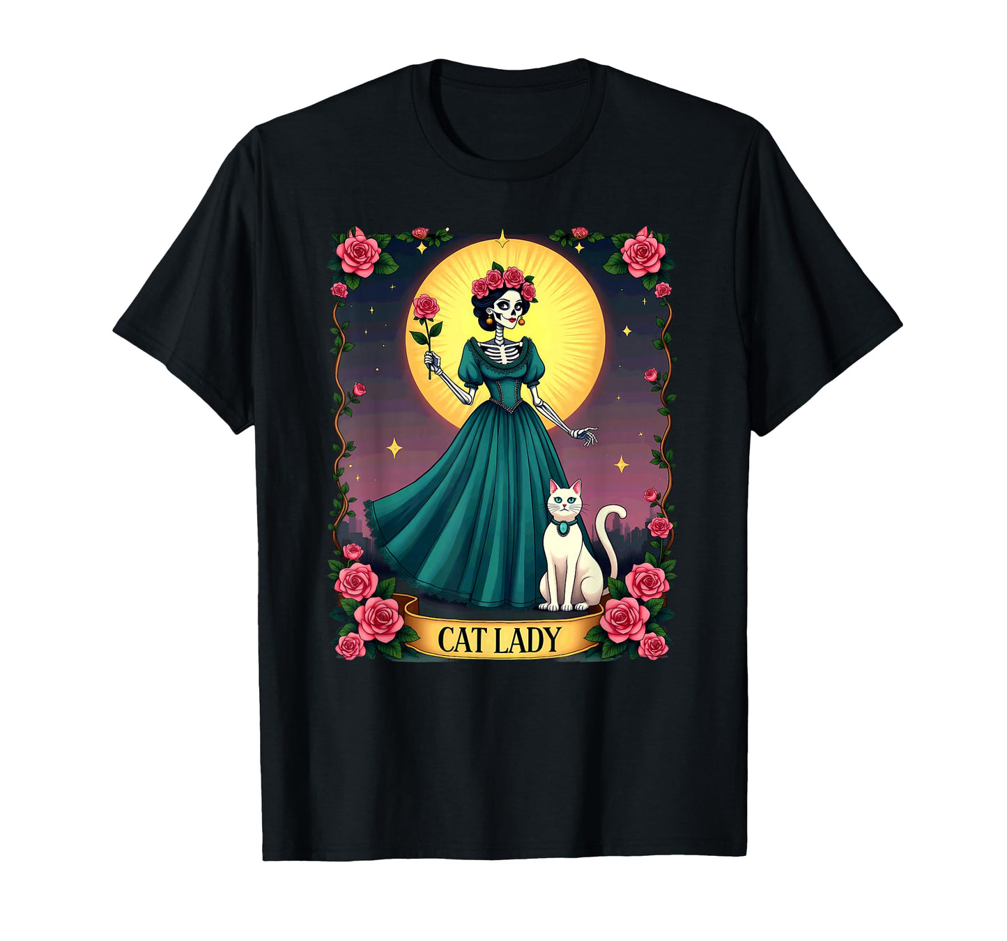 Retro Cat Lady Tarot Card Skeleton Halloween T-Shirt