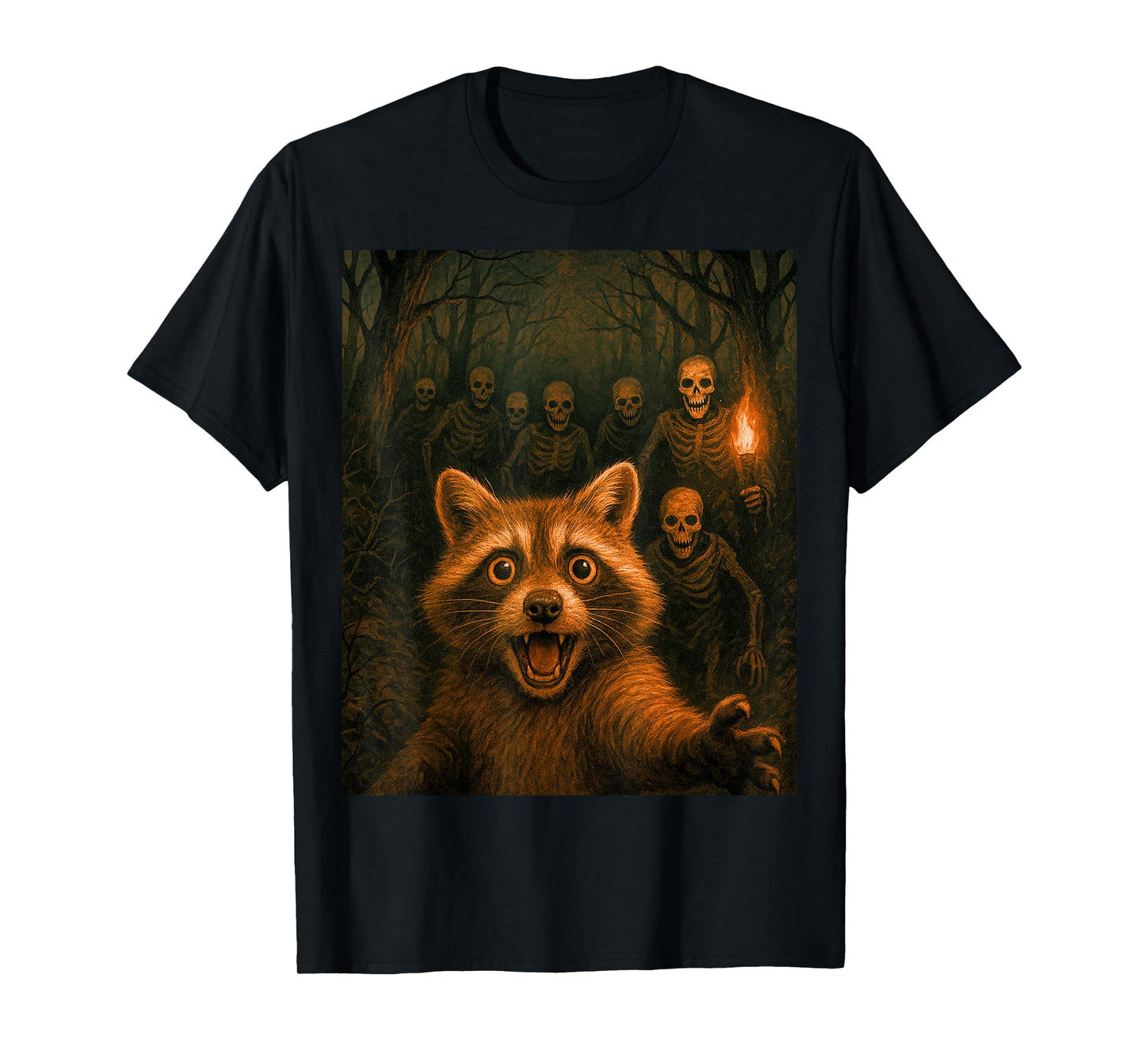 Funny Raccoon Selfie Scary Skeletons Forest Creepy Design T-Shirt
