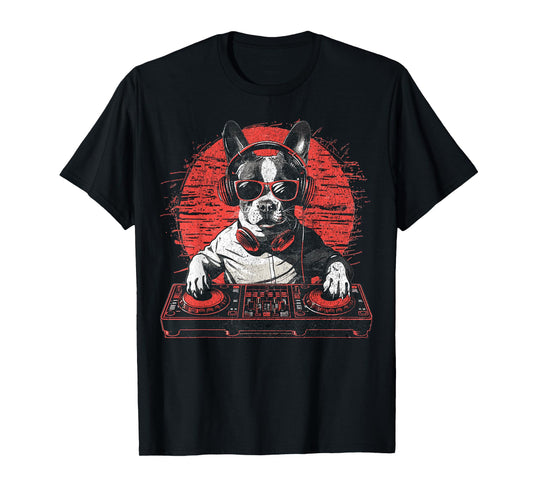 Funny Retro House DJ Boston Terrier Dog Disco Headphone Tech T-Shirt for Men Women