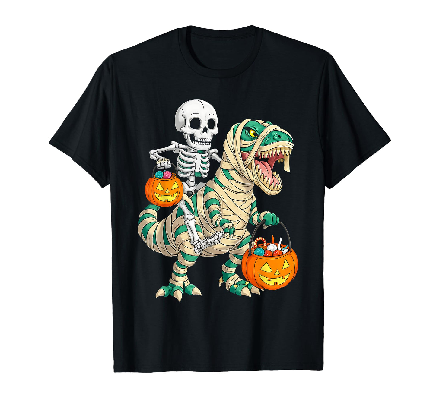 Skeleton Riding Mummy Dinosaur T rex Halloween Funny Pumpkin T-Shirt