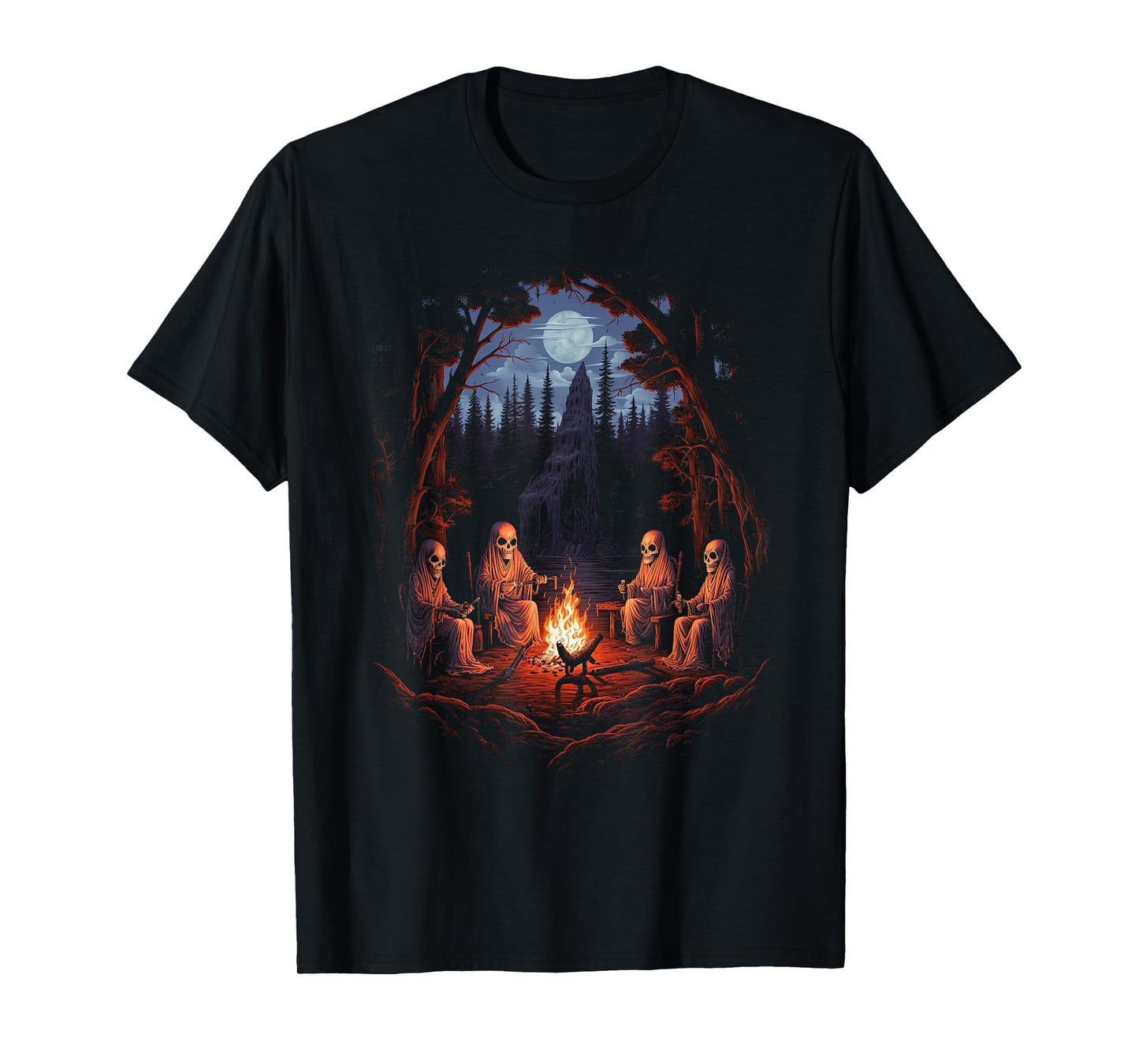 Vintage Ghost and Skeleton by Fire Camping Gothic Halloween T-Shirt
