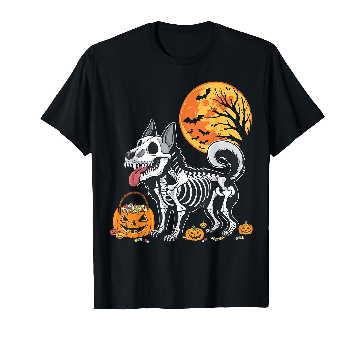 Belgian Malinois Dog Skeleton Scary Pumpkin Moon Halloween T-Shirt