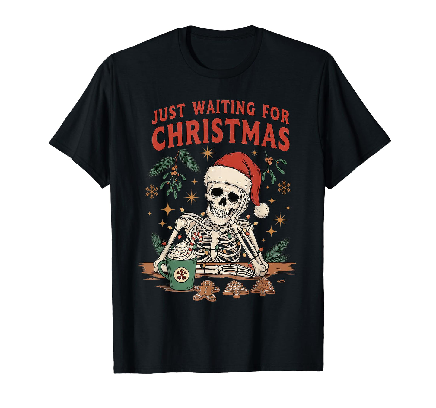 Vintage Xmas Holiday Just Waiting for Christmas Skeleton T-Shirt