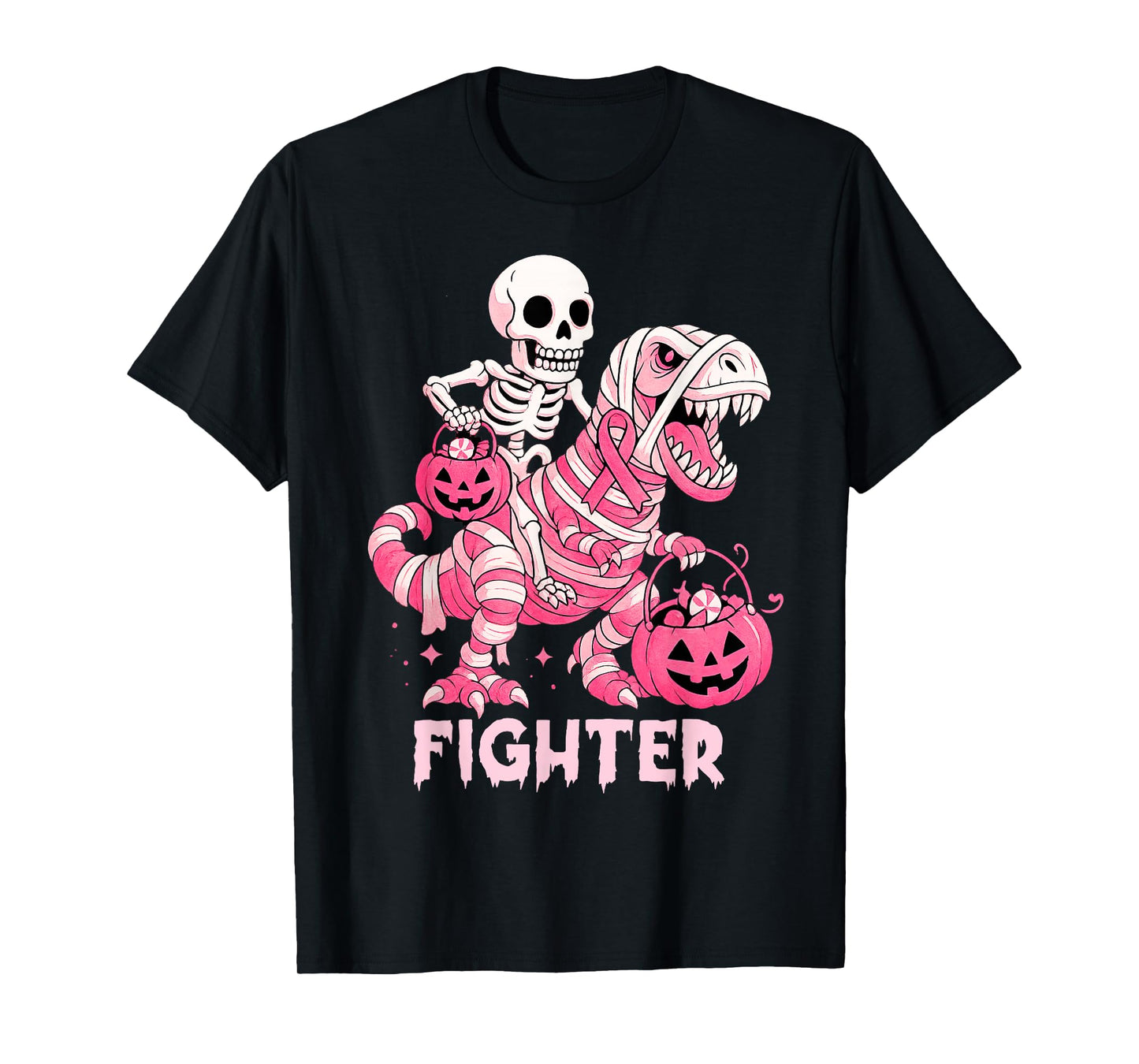 Skeleton Riding Mummy Dinosaur T Rex Breast Cancer Fighter T-Shirt