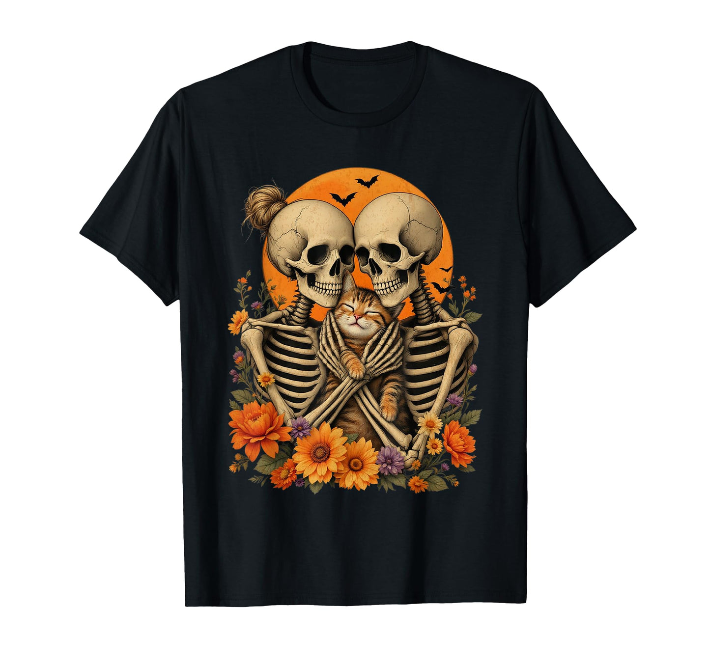 Skeleton Hugging Cat Floral Halloween Cat Lover Mom Costume T-Shirt