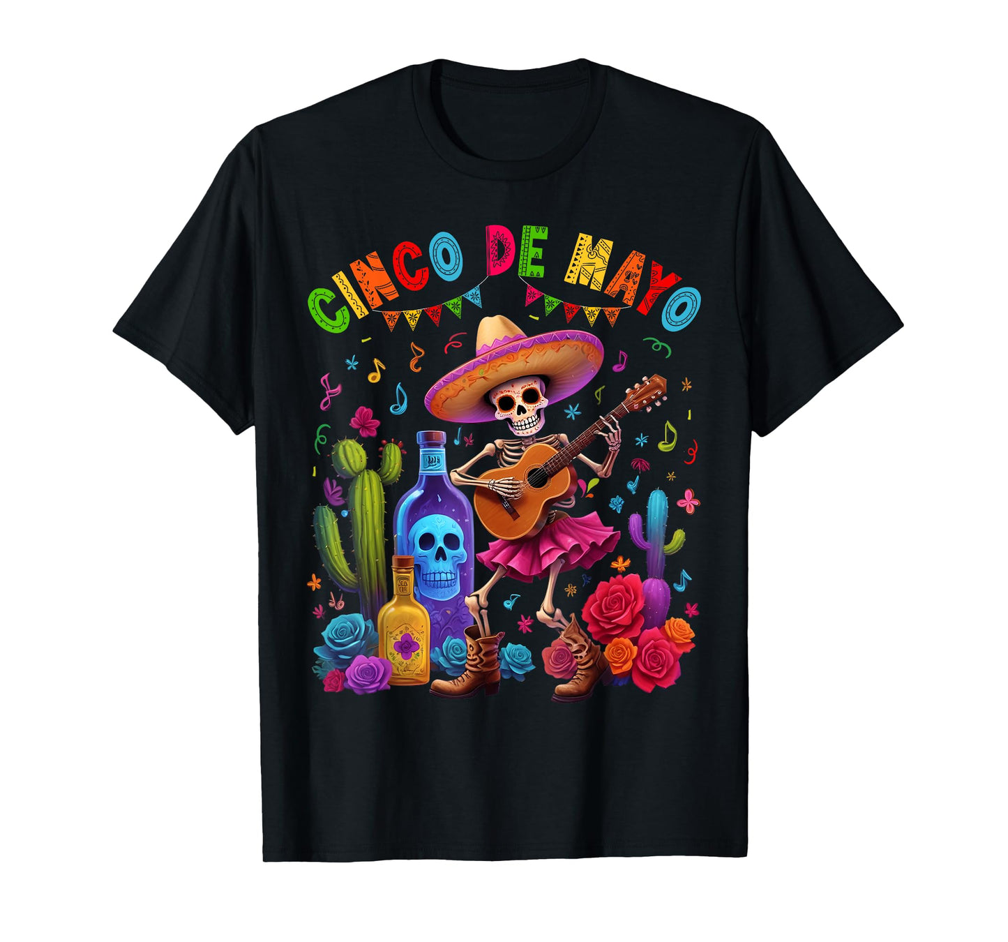 Cinco De Mayo Fiesta Funny Mexican Skeleton Guitar Men Women T-Shirt