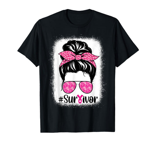 Survivor Breast Cancer Awareness Messy Bun Hair Bleached T-Shirt