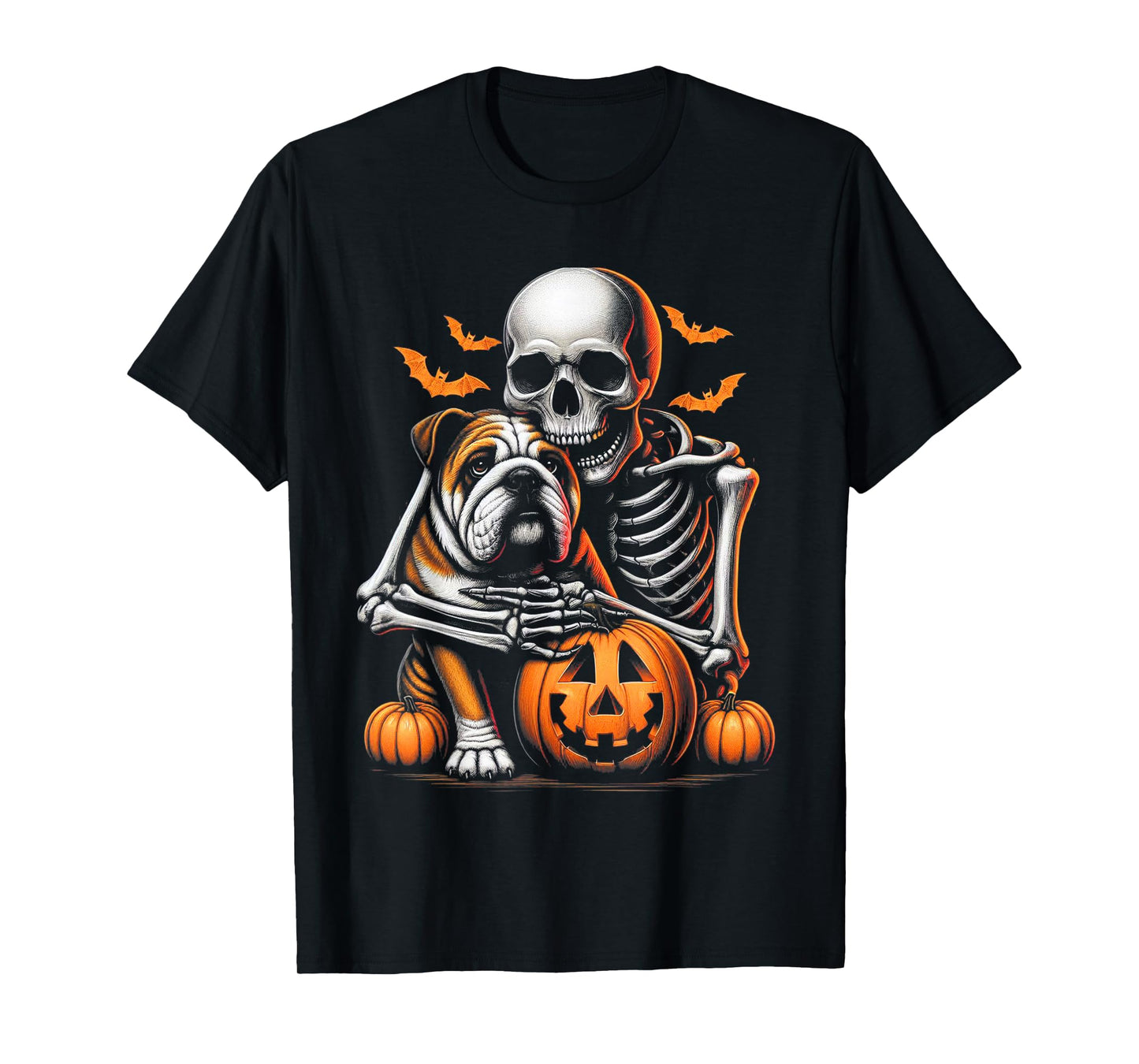 Skeleton Hugging Bulldog Halloween Lover Mom Dad T-Shirt