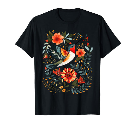 Cottagecore Hummingbird And Flowers Folk Art Scandinavian T-Shirt
