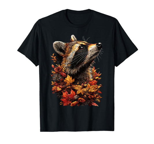 Cute Raccoon with Autumn Leaves Fall Flowers Forest Animal T-Shirt