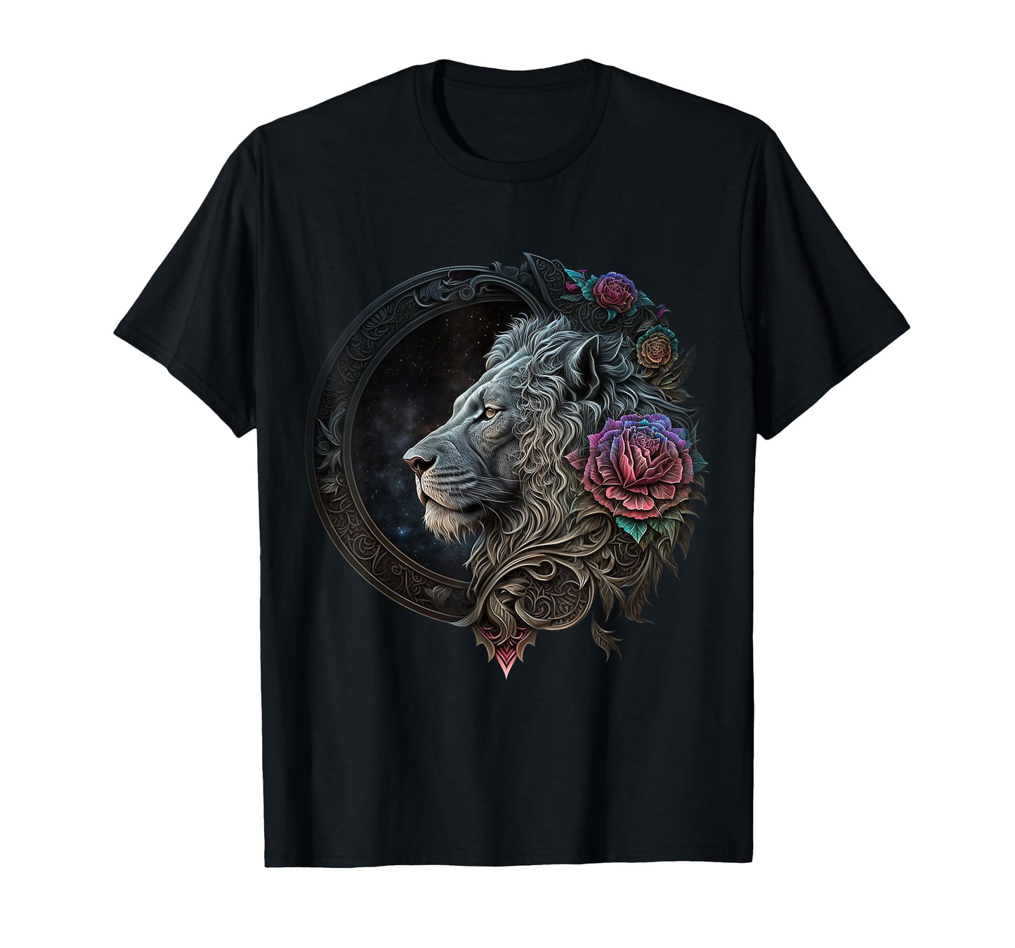 Lion Mandala Flowers Art Space Animal Zoo Lion T-Shirt