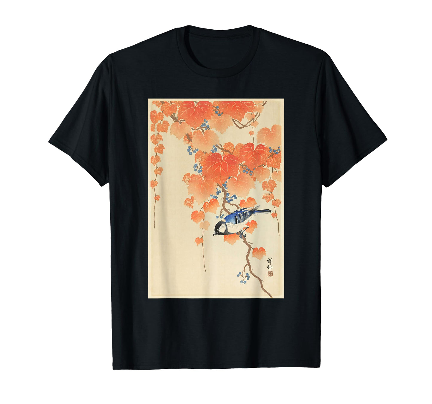 Vintage Japanese Art Naturalist Blue Song Bird Painting T-Shirt