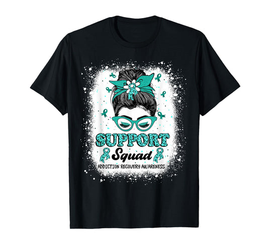 Support Squad Messy Bun Teal Ribbon Addiction Recovery T-Shirt