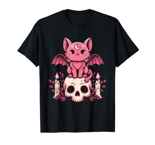 Cute Cat Pastel Goth Bat Skull Kawaii Creepy Kitty Skeleton T-Shirt