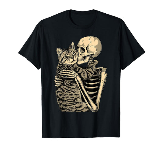 Skeleton Hugging Cat Halloween T-Shirt for Cat Lovers