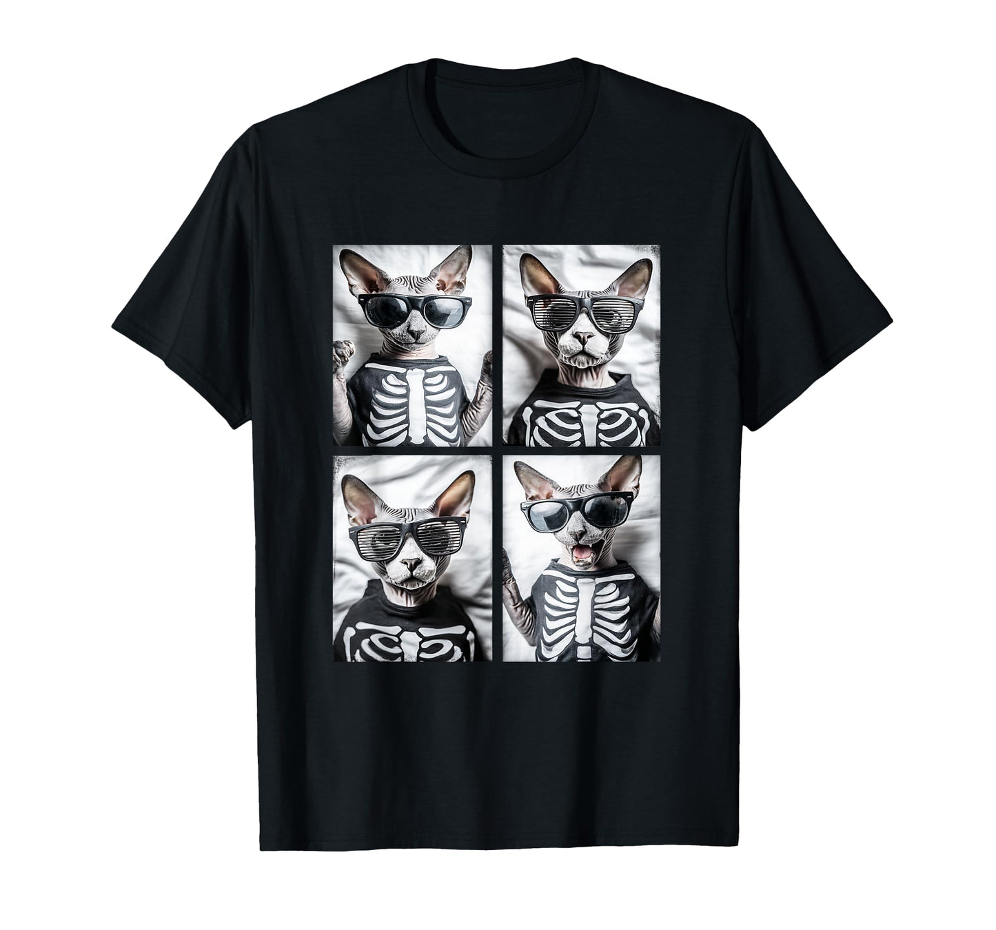 Sphynx Cats with Sunglasses Skeleton Costume Funny Halloween T-Shirt