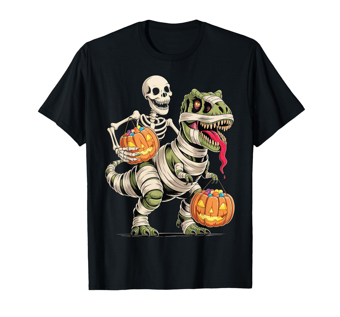 Skeleton Riding Mummy Dinosaur T Rex Funny Halloween T-Shirt