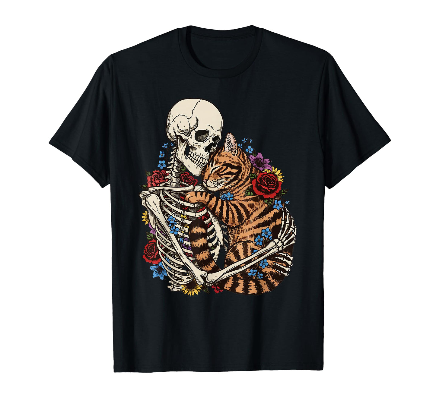 Skeleton Hugging Cat Halloween Cat Lover Flowers Men Women T-Shirt