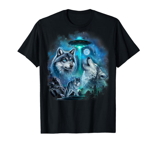 Alien Wolf Howling Moon UFO Galaxy Forest Night Art T-Shirt