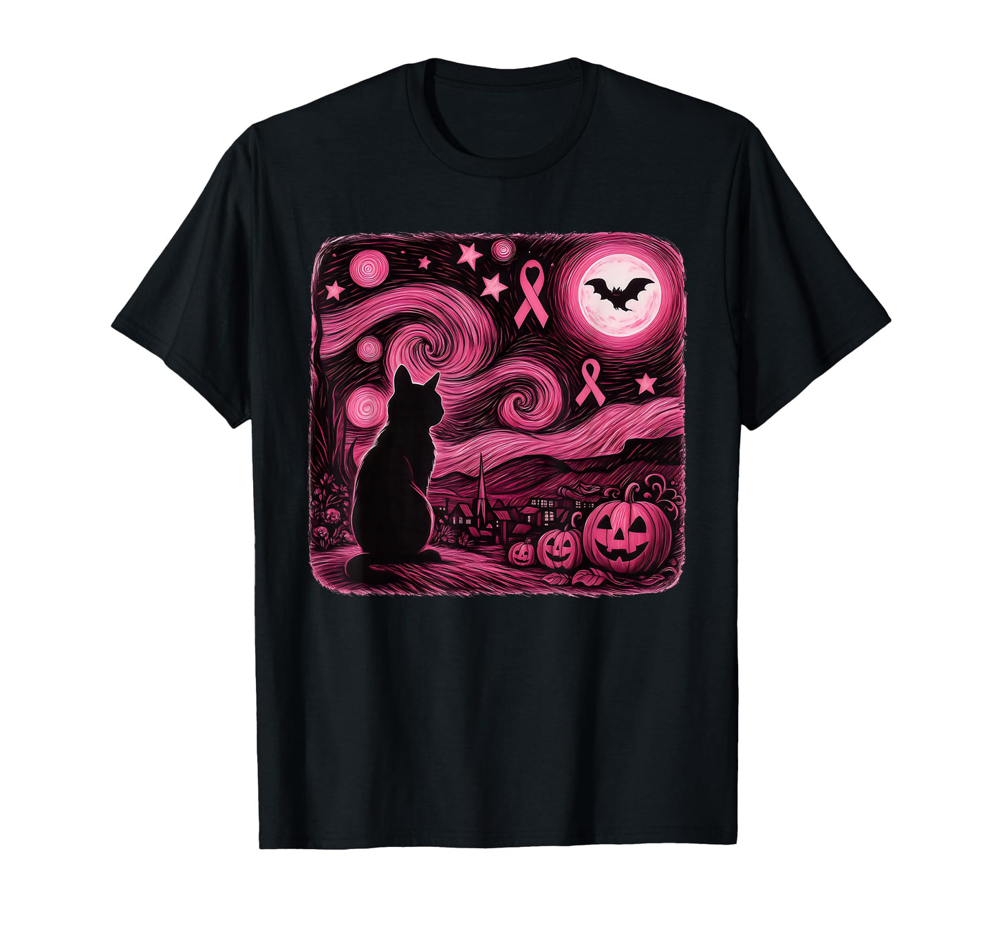 Pink Van Gogh Cat Halloween Breast Cancer Awareness Women T-Shirt