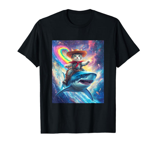 Cowboy Cat Riding Shark Graphic Tee T-Shirt