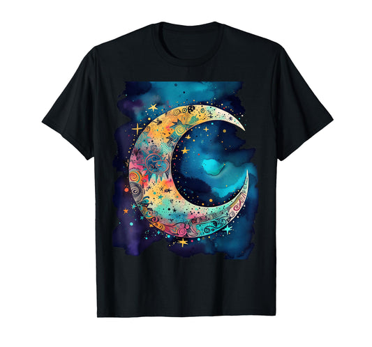 Crescent Moon with Stars abstract Bohemian Style Women Girls T-Shirt