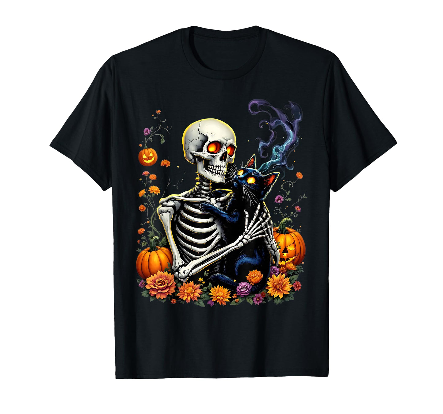 Skeleton Hugging Black Cat Halloween T-Shirt