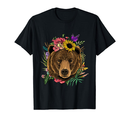 Bear Shirt Nature Floral Grizzly Bear Face Animal Bear Lover T-Shirt