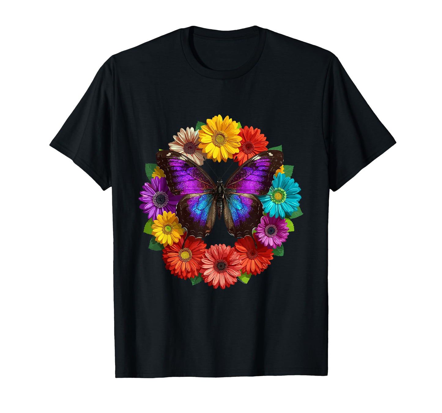 Vibrant Butterfly Wings Botanical Flower Circle Summer T-Shirt
