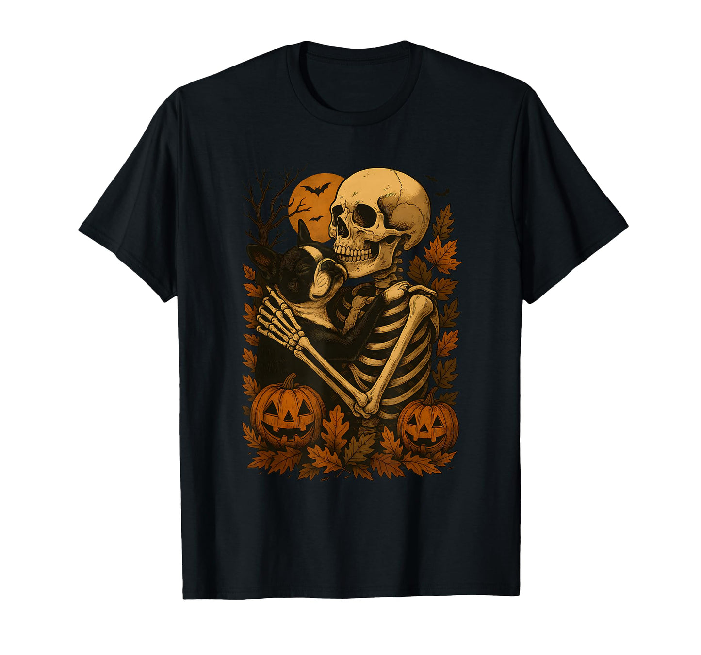Skeleton Hugging Boston Terrier T-Shirt