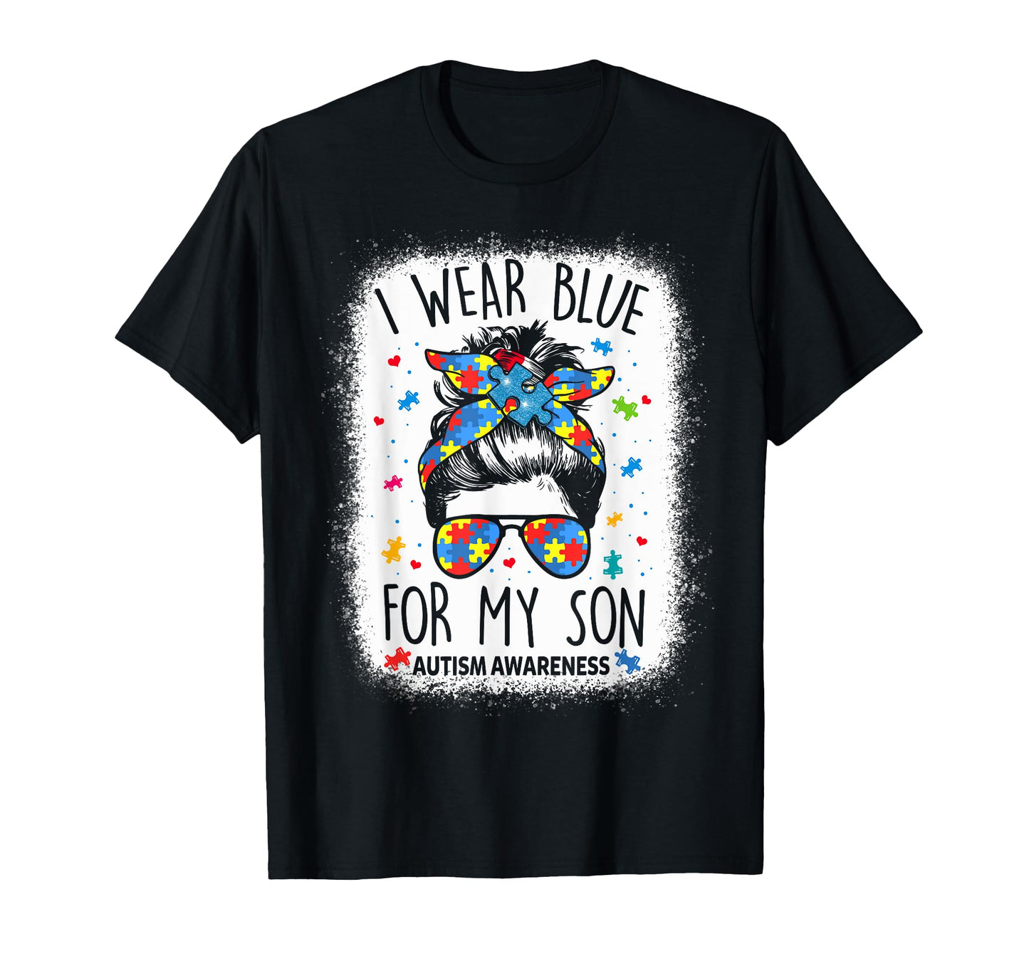 Autism Awareness shirt Mom Messy Bun I Wear Blue For My Son T-Shirt