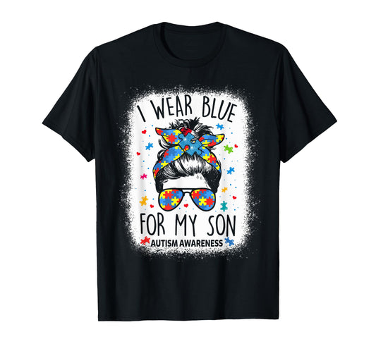 Autism Awareness shirt Mom Messy Bun I Wear Blue For My Son T-Shirt