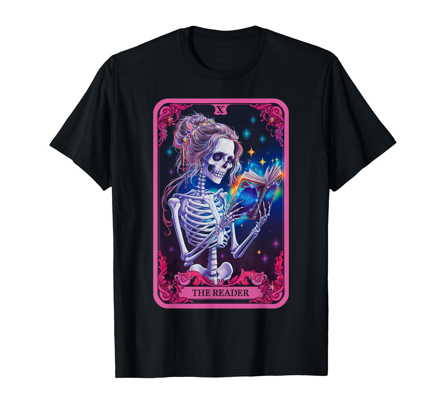 The Reader Tarot Card Skeleton Bookworm Halloween Women's T-Shirt