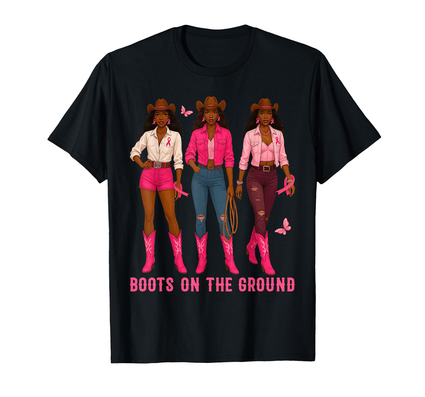 Boots On The Ground Pink Cowgirl Breast Cancer Western T-Shirt