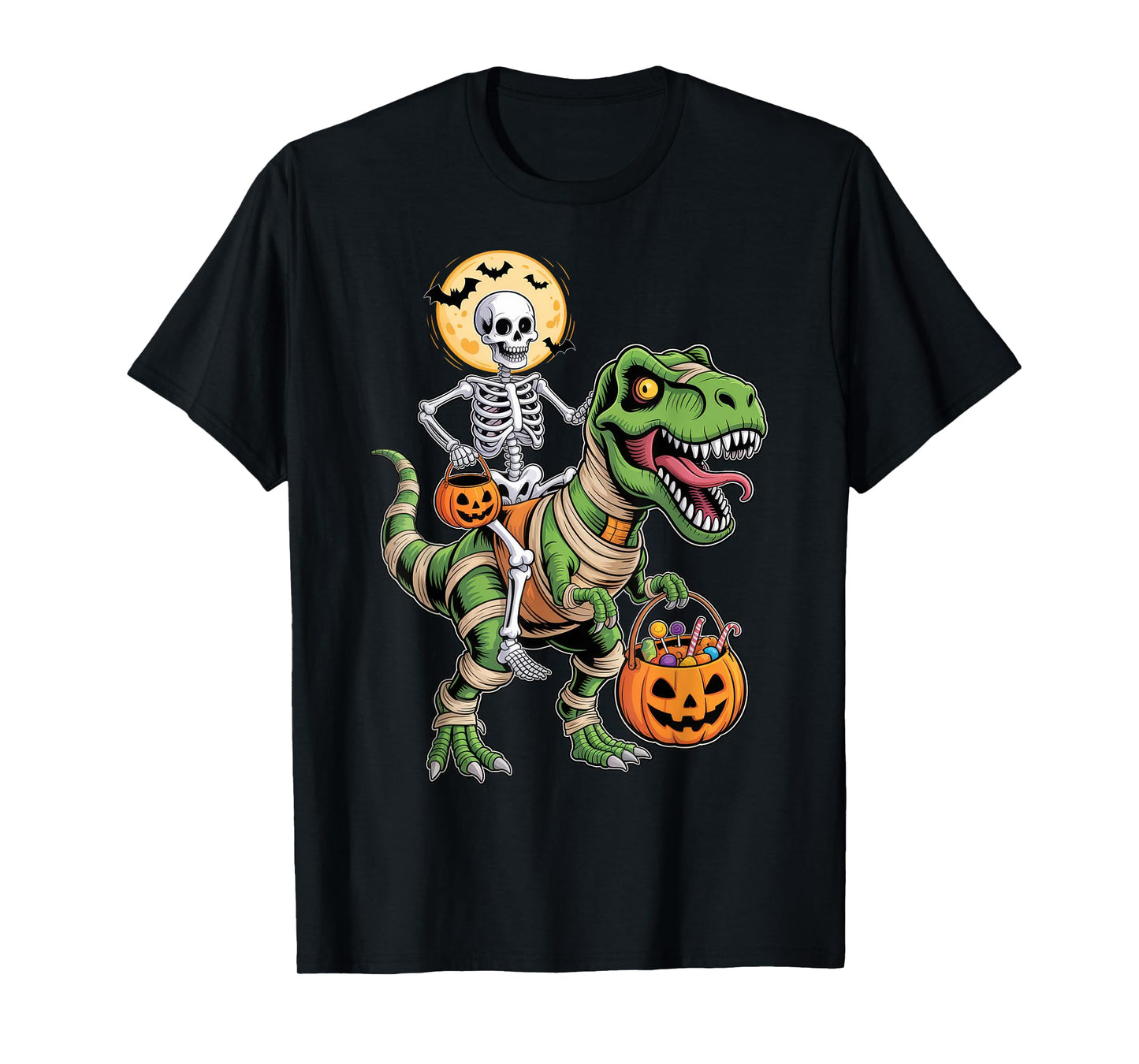 Skeleton Riding Mummy Dinosaur Pumpkin Spooky Trex Halloween T-Shirt