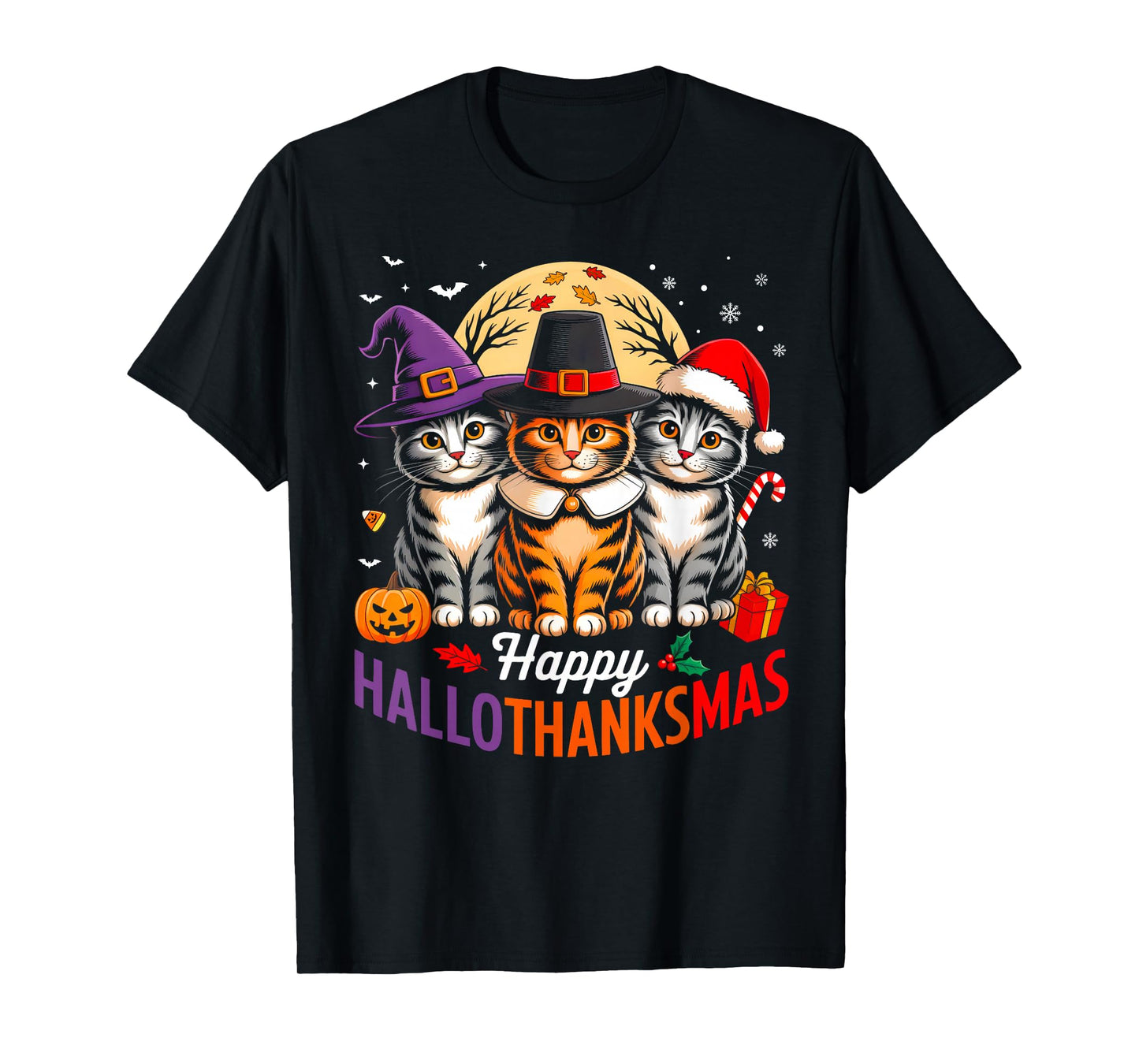 Halloween Thanksgiving Christmas Happy HalloThanksMas Cat T-Shirt
