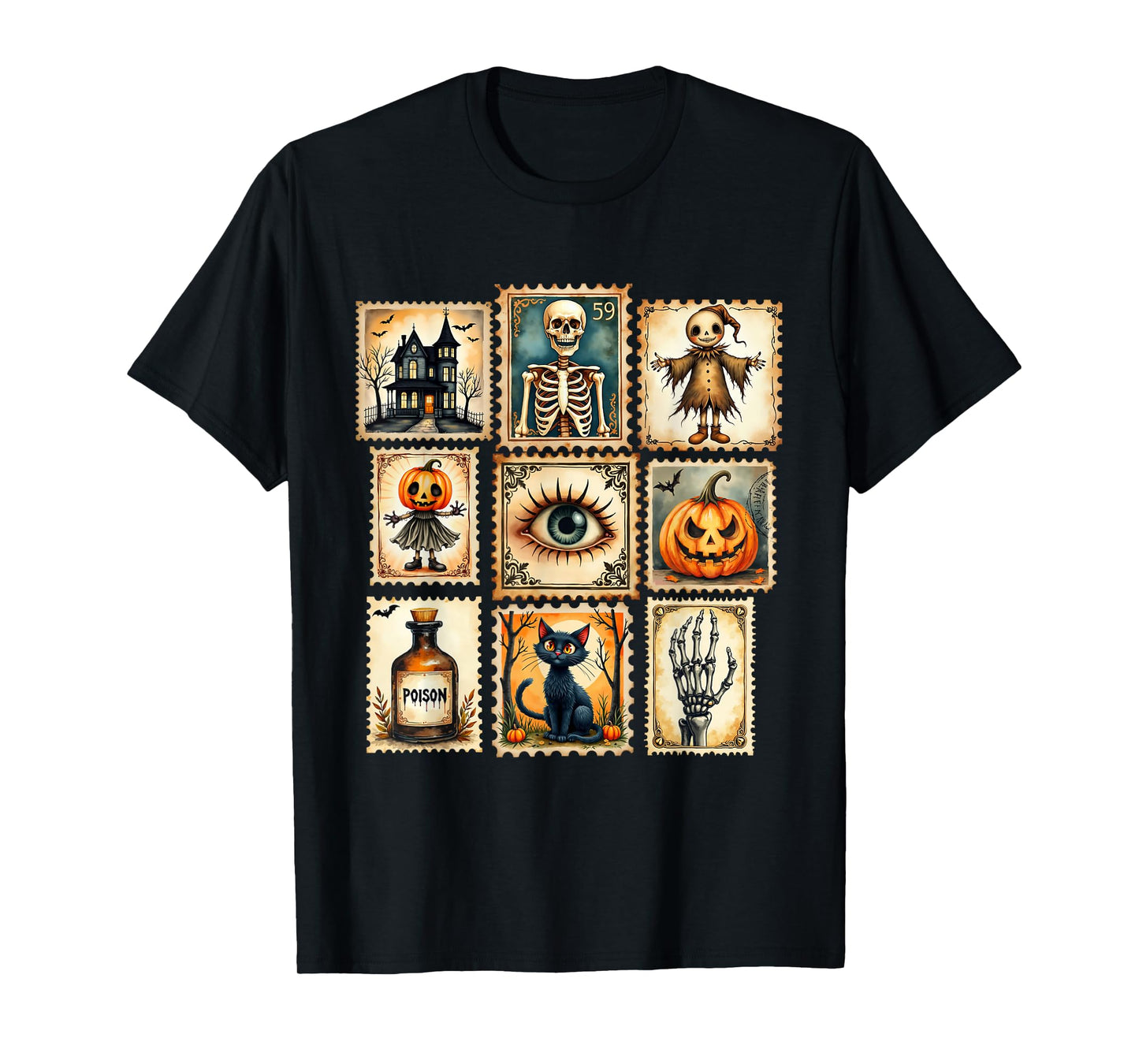 Vintage Cat Pumpkin Halloween Postage Stamp Grid T-Shirt