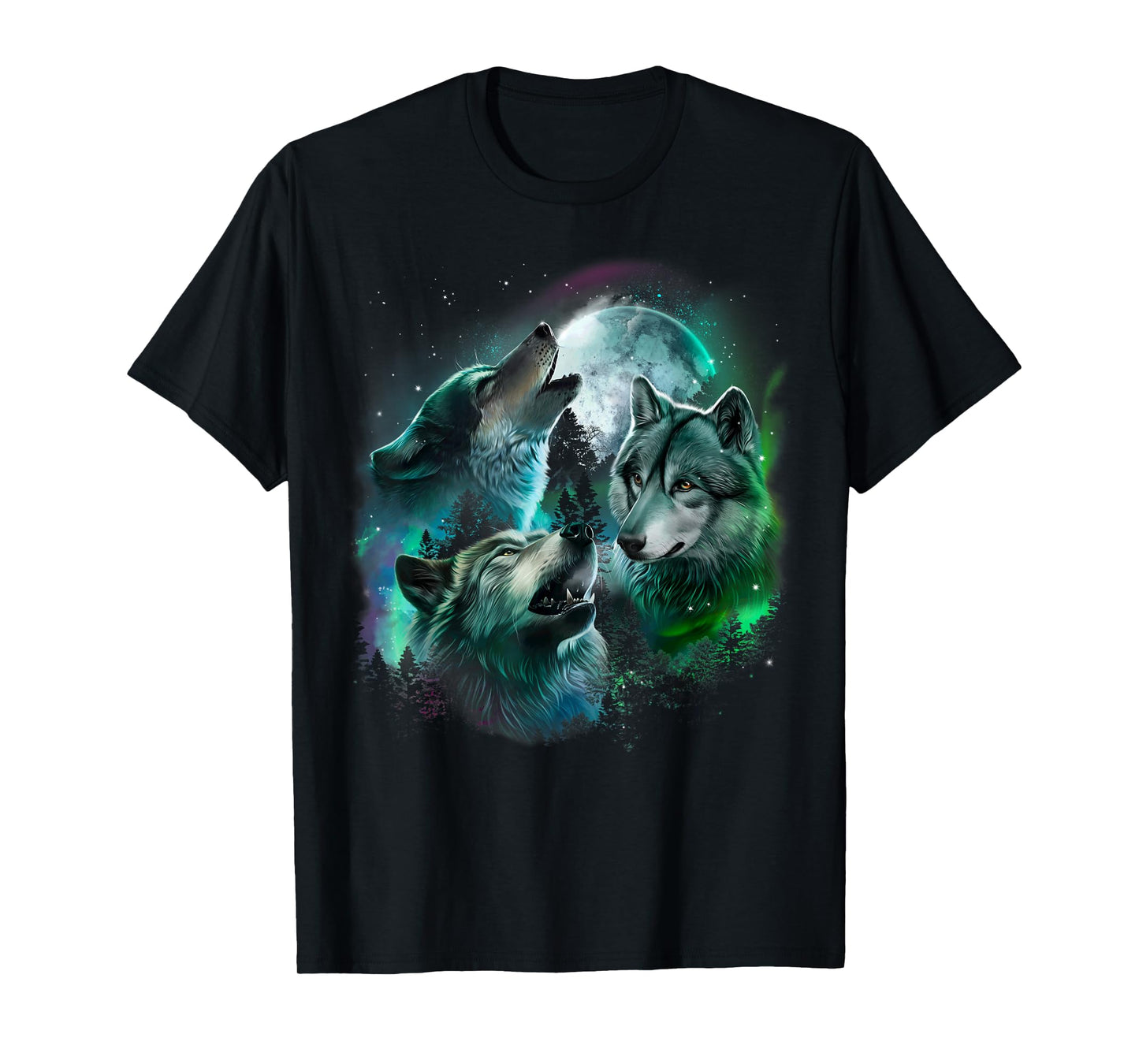 Grey Wolf Hunting in the Forest under Full Moon and Aurora T-Shirt