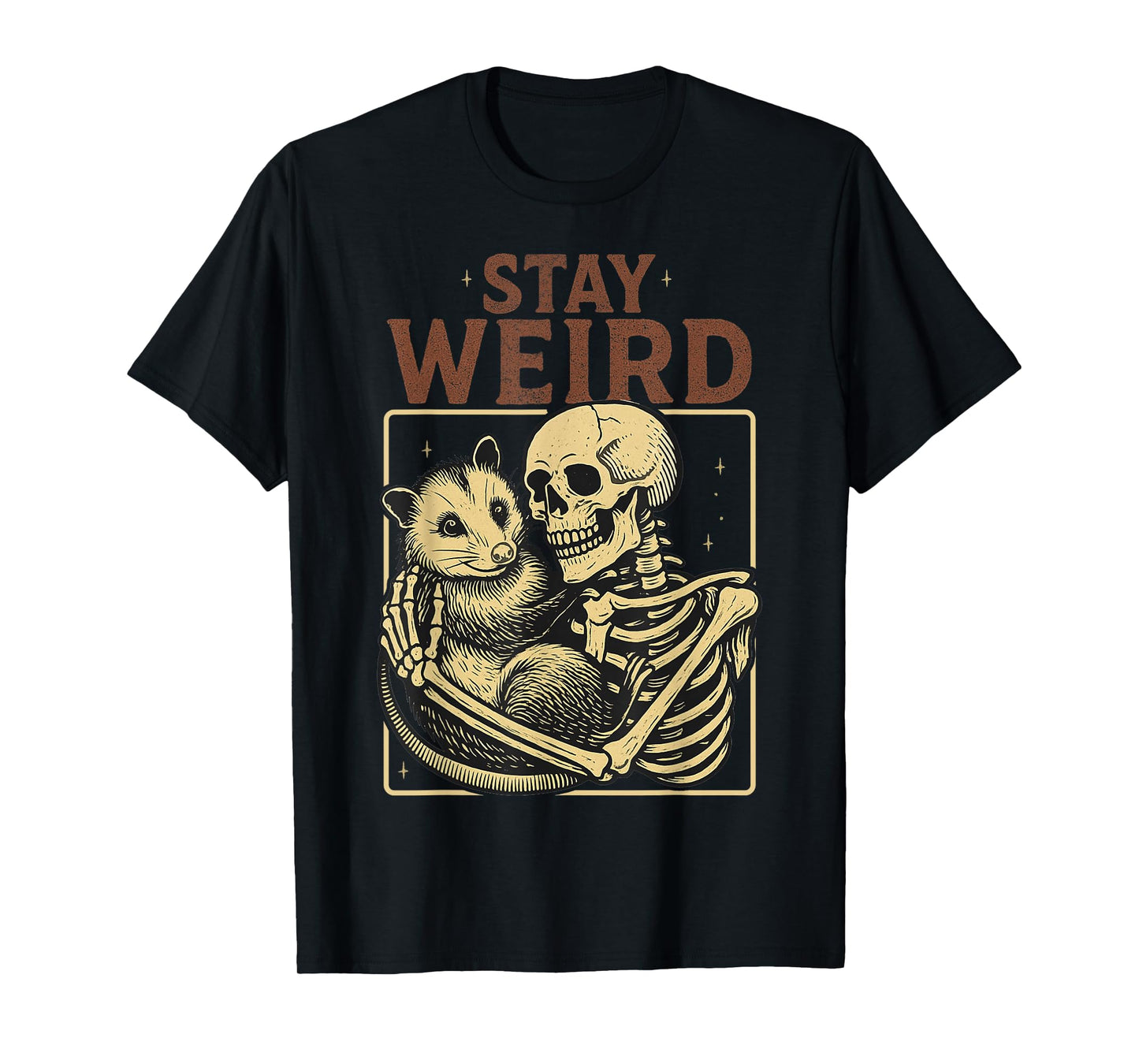 Skeleton Hugging Opossum Stay Weird Vintage Humor Possum T-Shirt