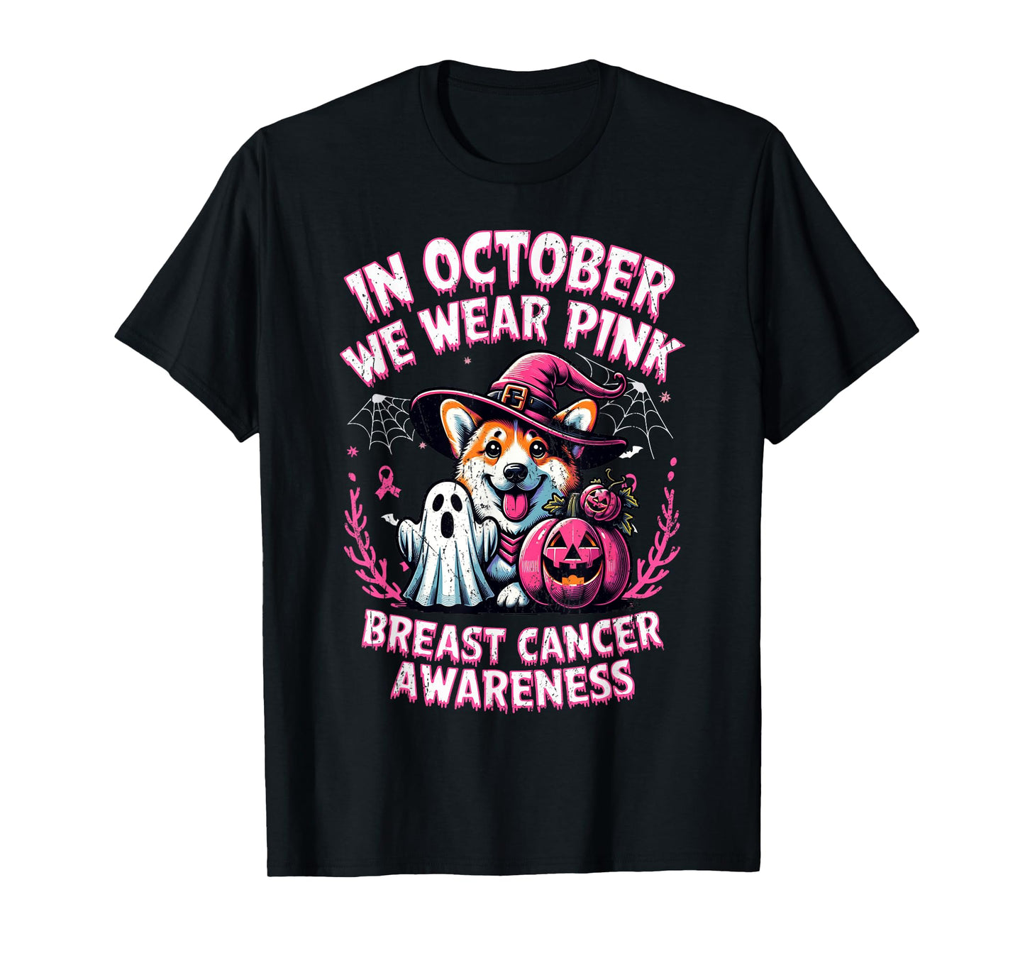 In October We Wear Pink Ghost Corgi Dog Breast Cancer T-Shirt