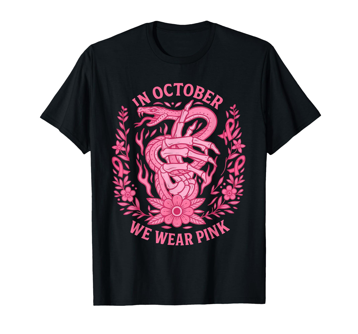 in October We Wear Pink Ribbon Snake Skeleton Hand Womens T-Shirt