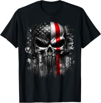 USA American Skull Patriotic Flag Red Line Grunge Graphic T-Shirt