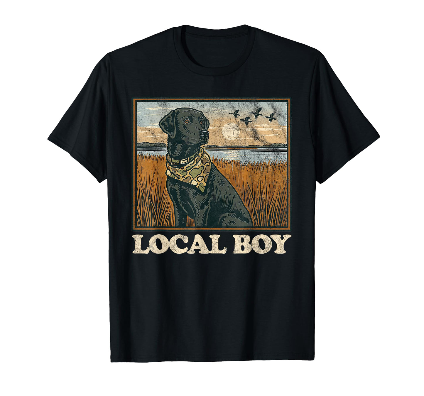 Local Boy Black Lab Hunting Dog Marsh Scene Sunset Vintage T-Shirt