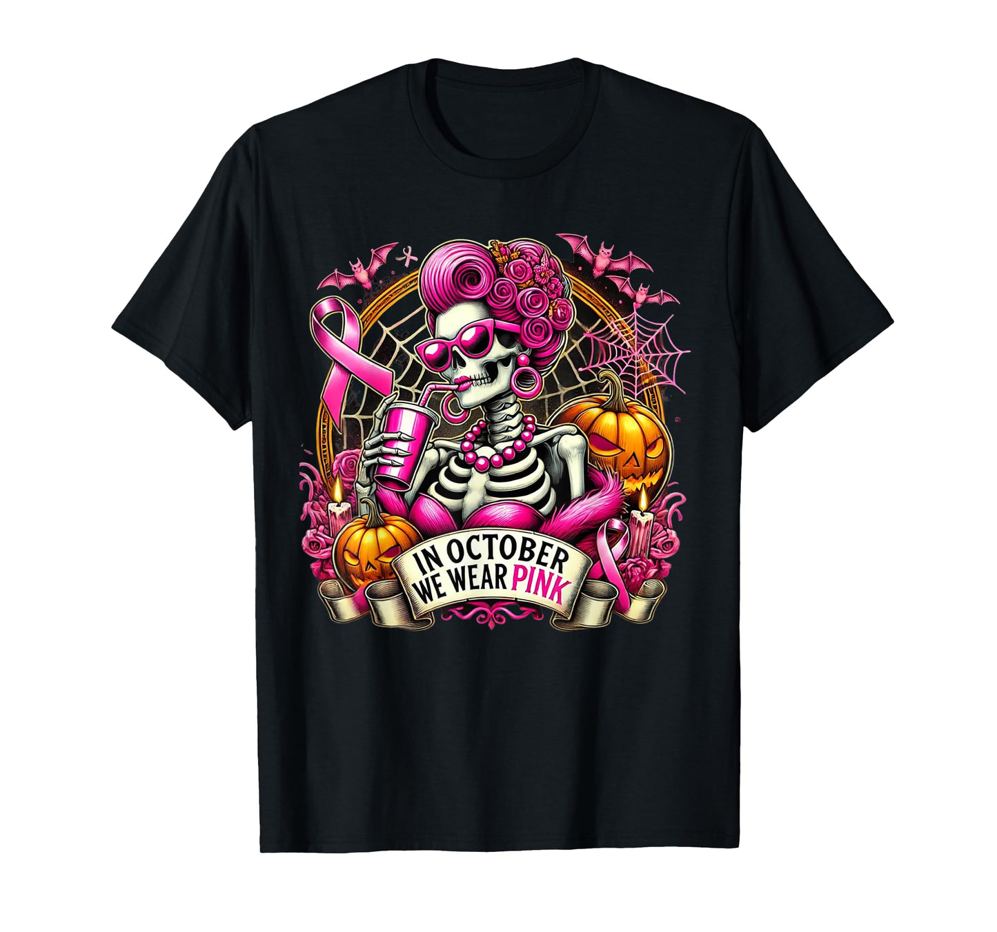In October We Wear Pink Skull Messy Bun Glasses Halloween T-Shirt