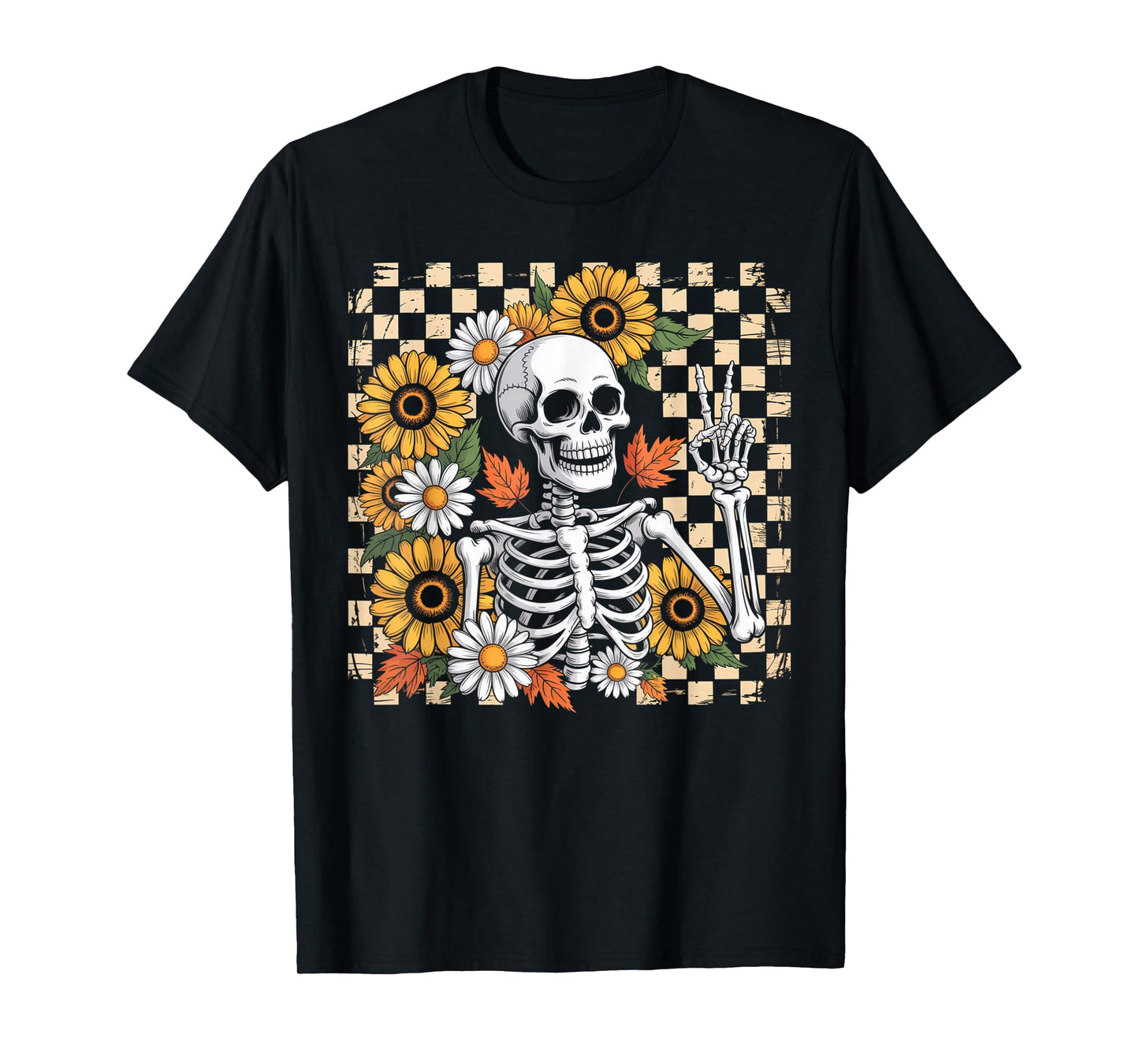 Retro Fall Skeleton Halloween Skeleton Flower Spooky Season T-Shirt